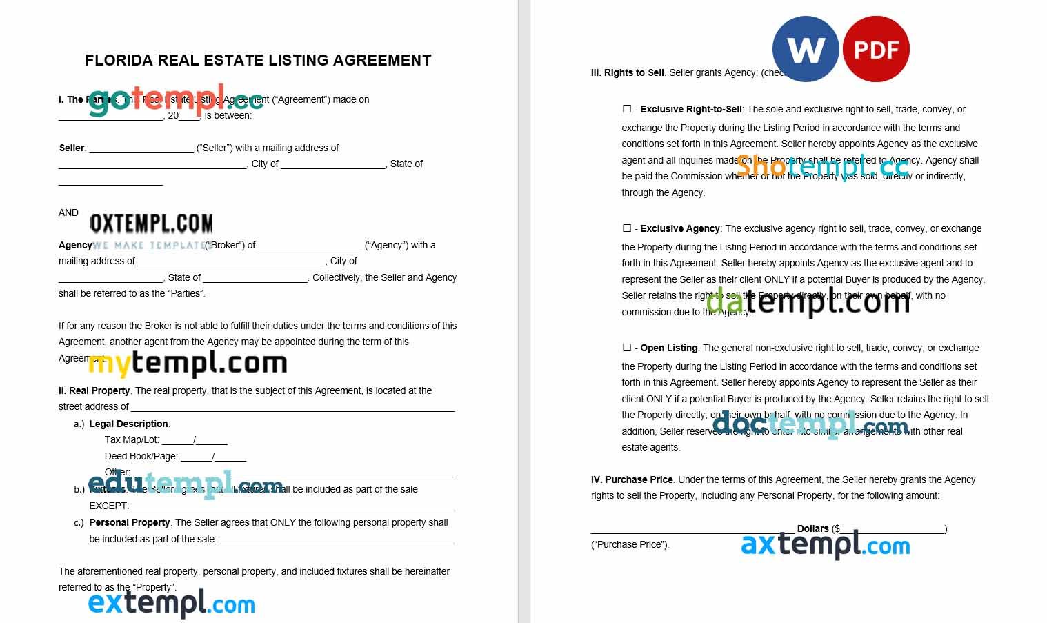 free download florida real estate listing agreement example, Word and PDF format