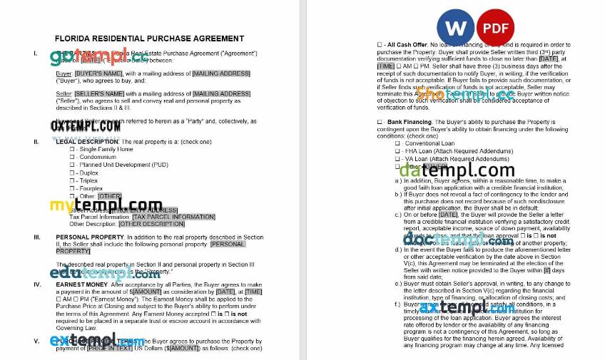 free download florida residential real estate purchase agreement example, Word and PDF format