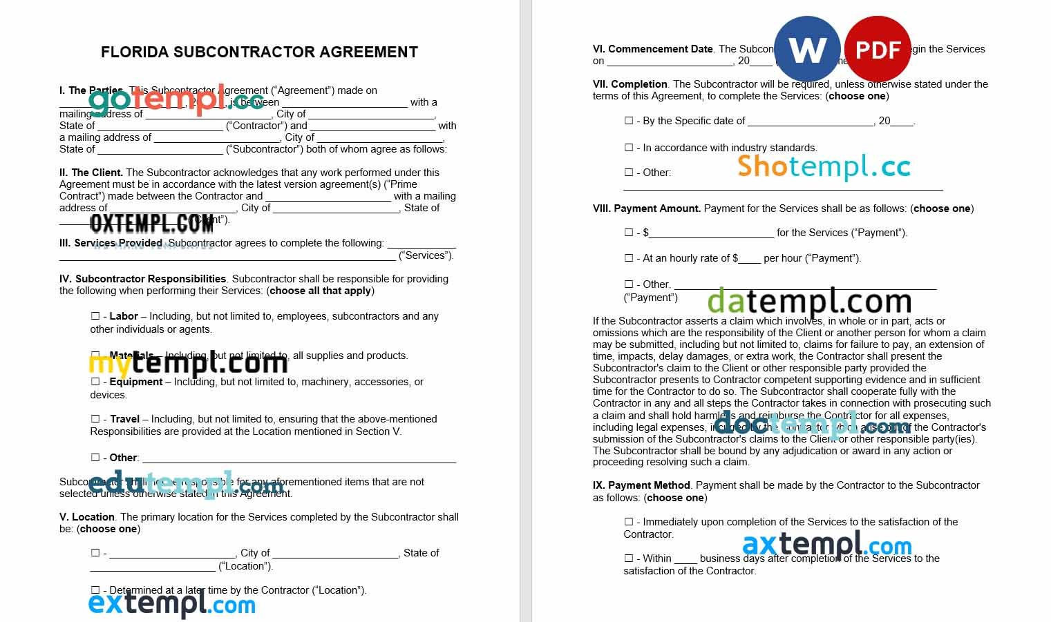free download florida subcontractor agreement example, Word and PDF format