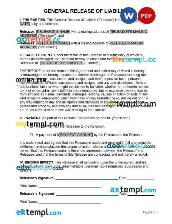 free download gheneral release of liability example, Word and PDF format