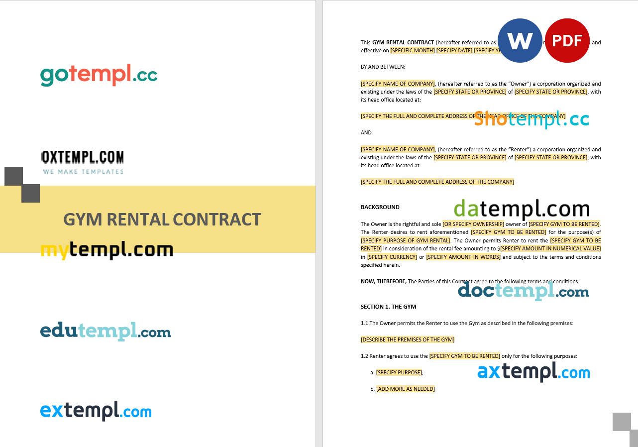free download gym rental contract example, Word and PDF format