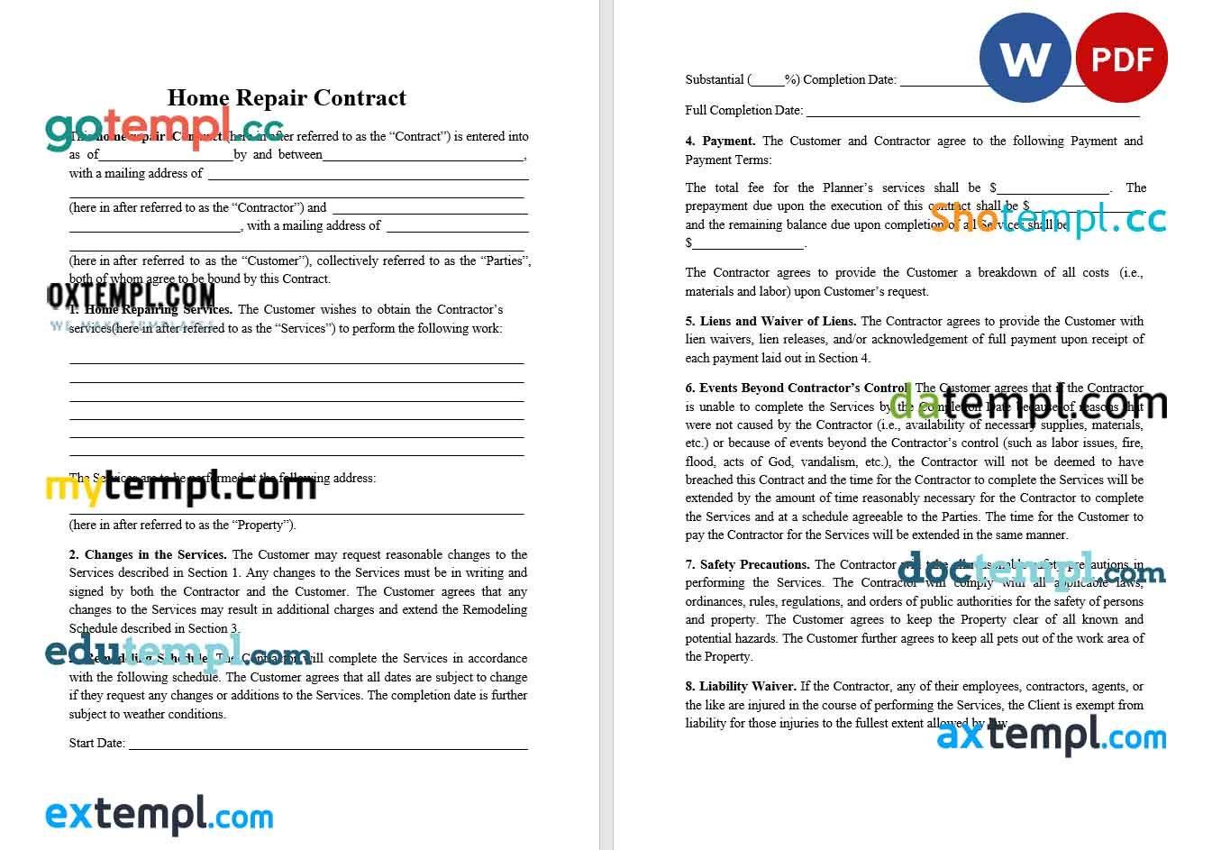 free download hom repair contract example, Word and PDF format