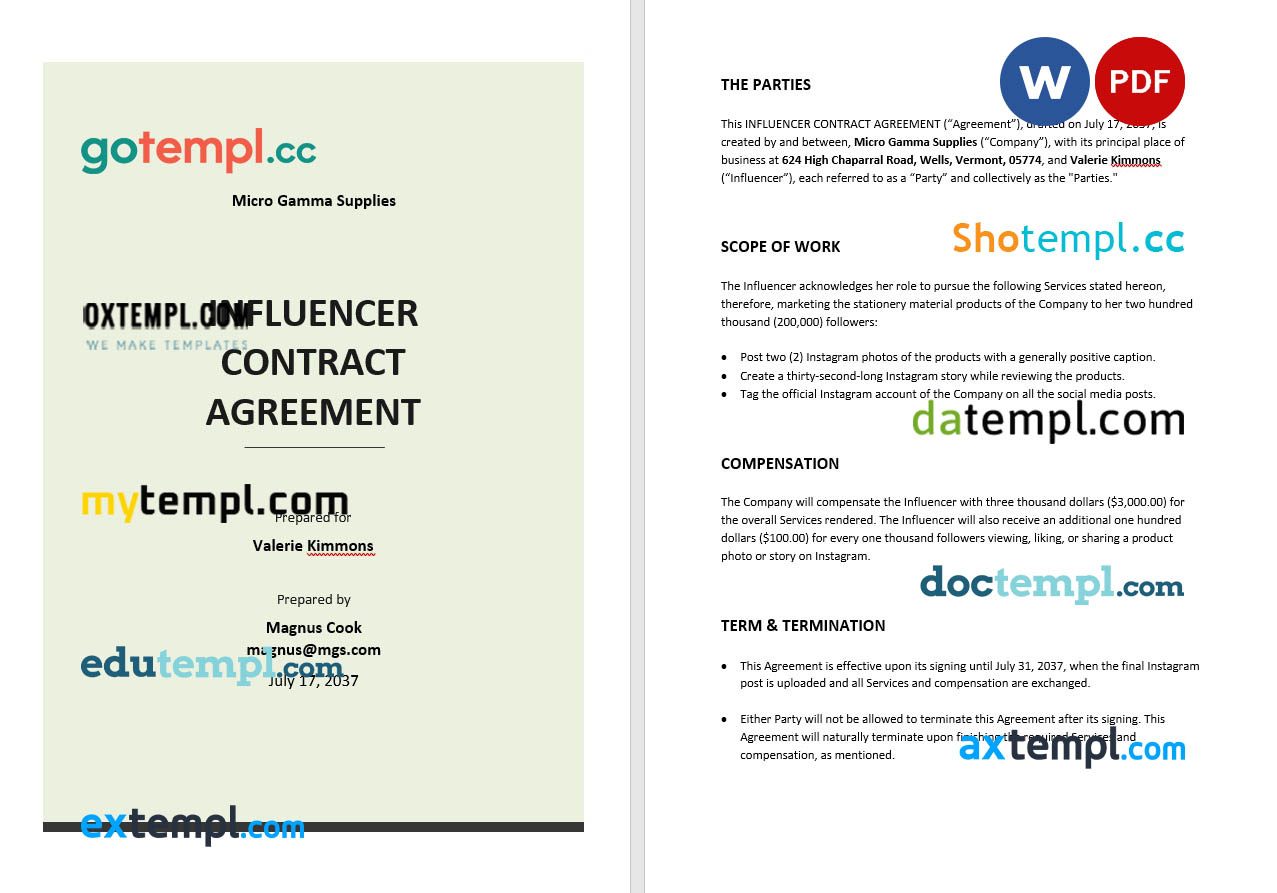 free download influencer contract agreement example, Word and PDF format