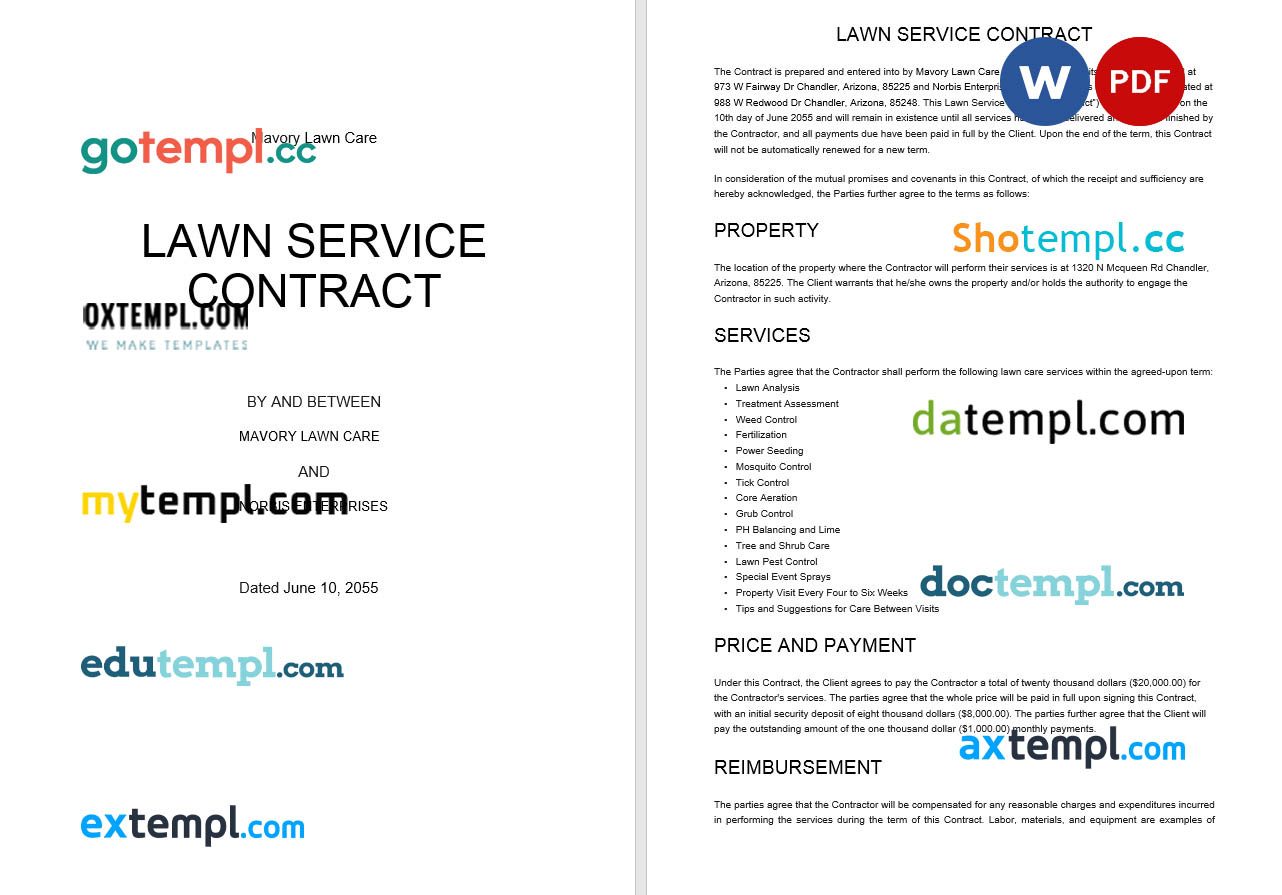 free download lawn service contract example, Word and PDF format
