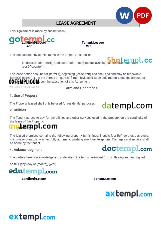 free download lease agreement example, Word and PDF format
