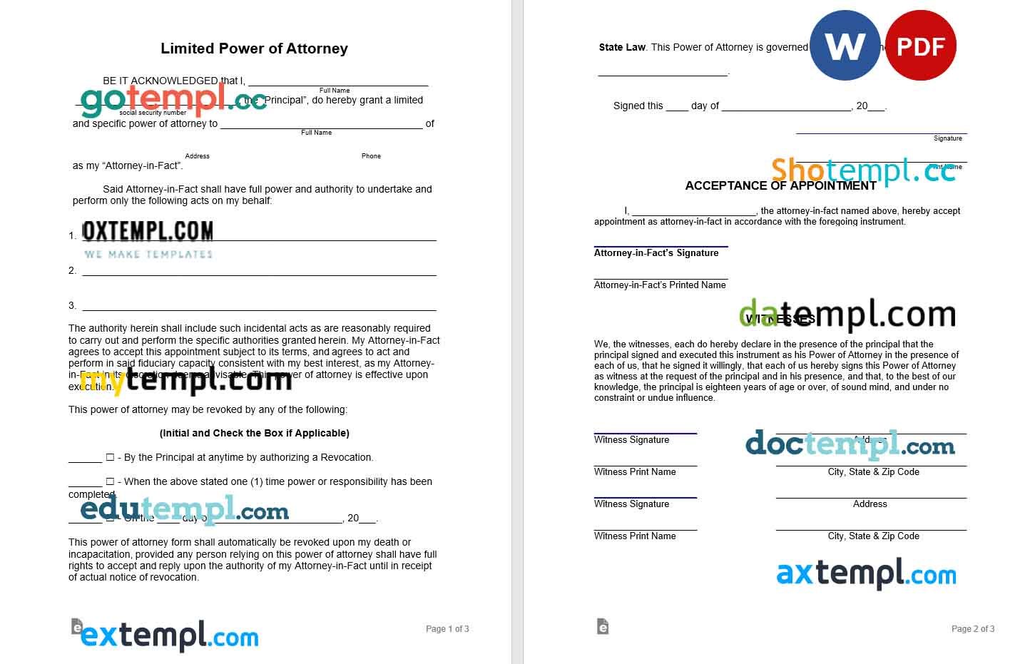 free download limited power of attorney form example, Word and PDF format