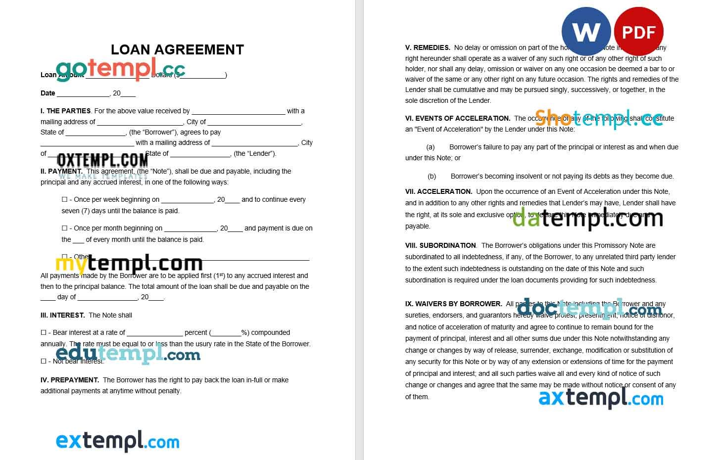 free download loan contract example, Word and PDF format, version 2