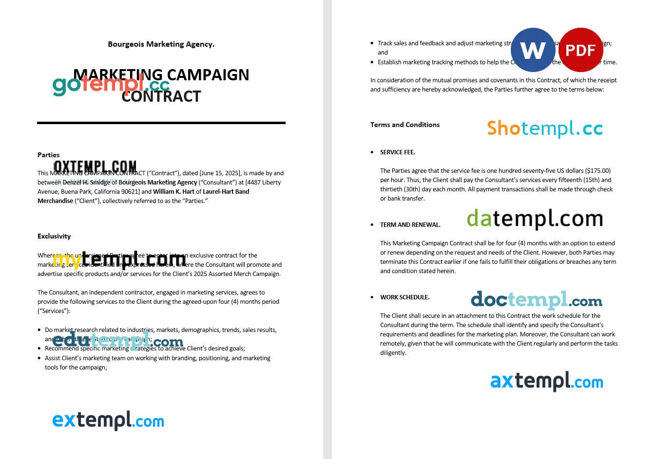 free download marketing campaign contract example, Word and PDF format