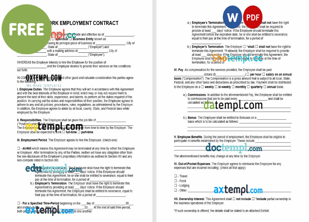 free download New York employment contract example, Word and PDF format