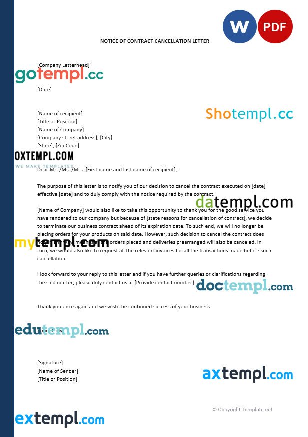 free download notice of contract cancellation letter example, Word and PDF format