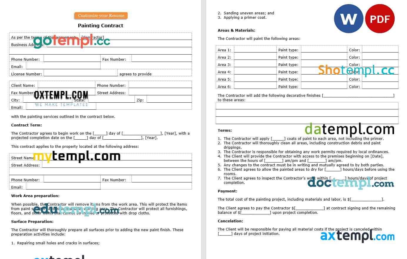 free download painting contract example, Word and PDF format