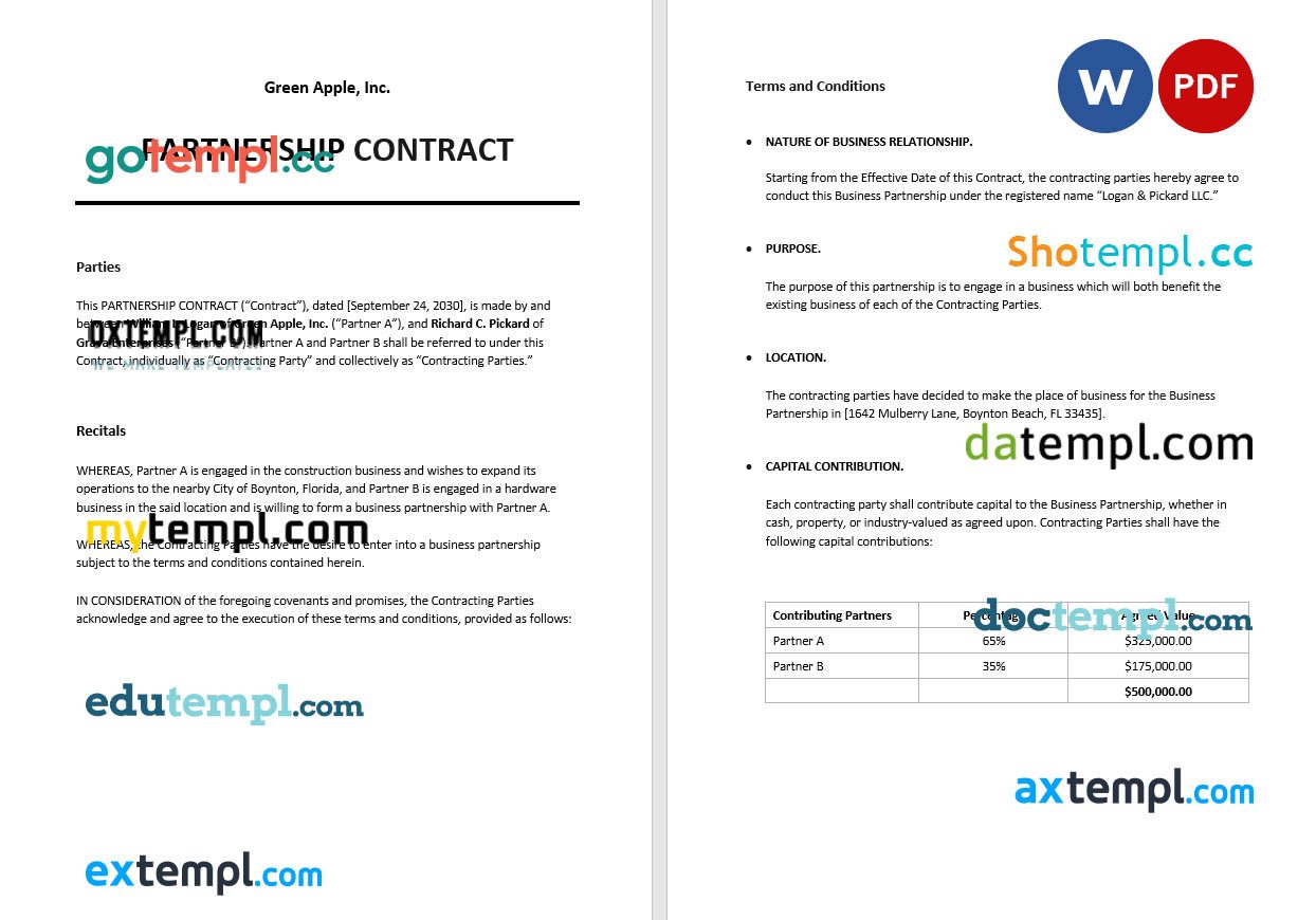 free download partnership contract example, Word and PDF format
