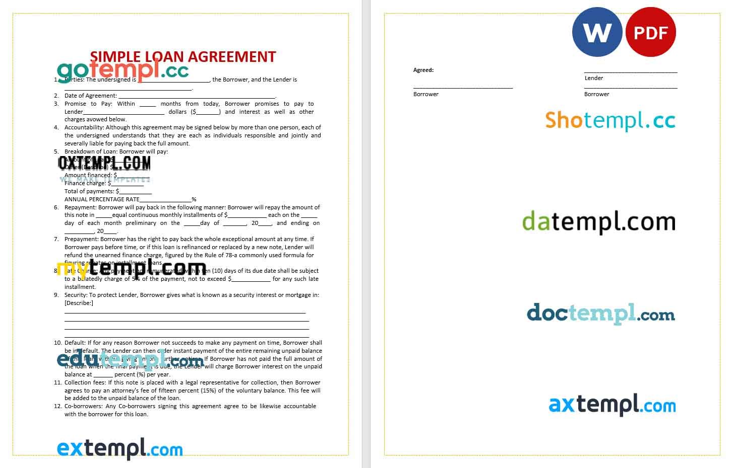 free download pawn agreement example, Word and PDF format