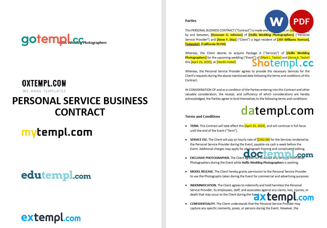 free download personal business contract example, Word and PDF format