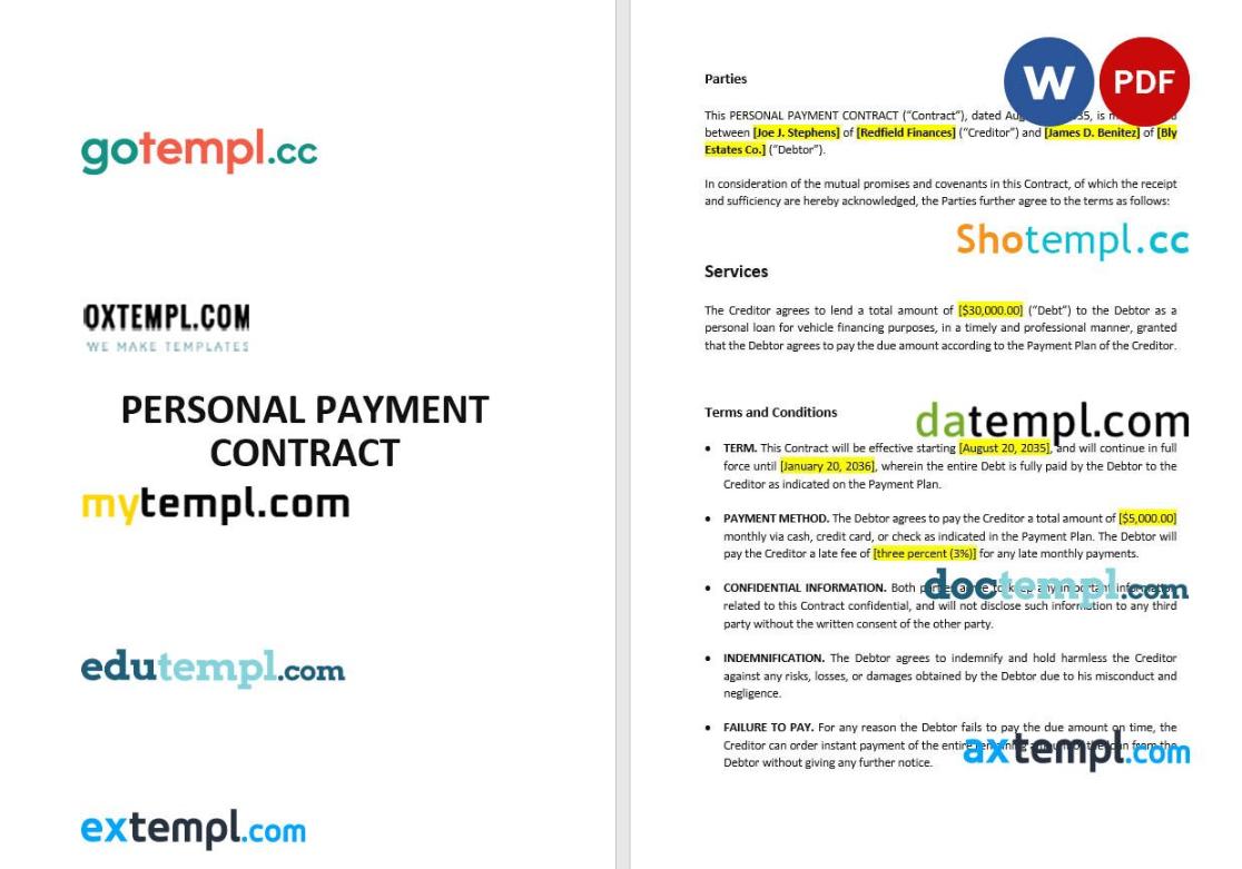 free download personal payment contract example, Word and PDF format