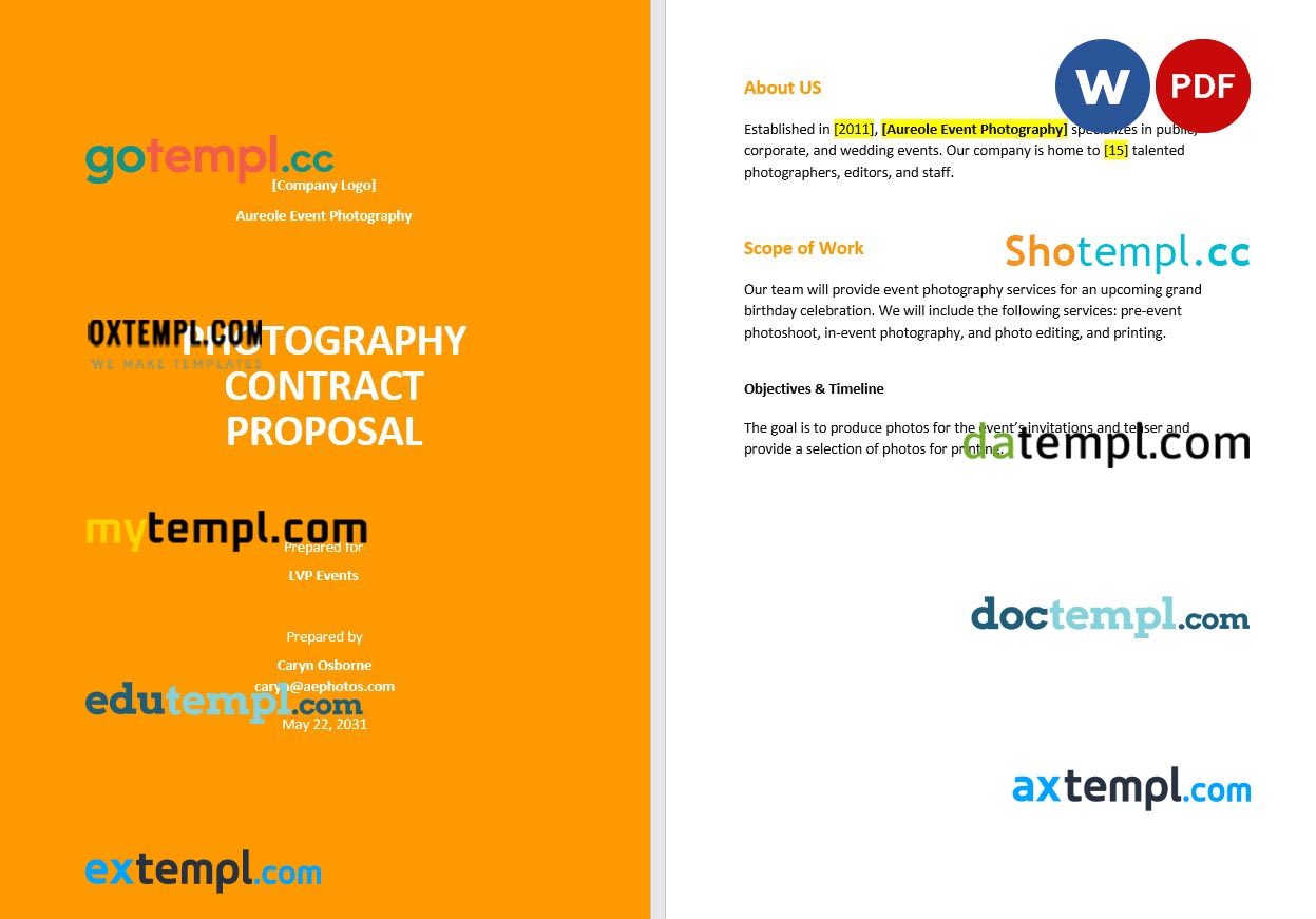 free download photography contract proposal example, Word and PDF format
