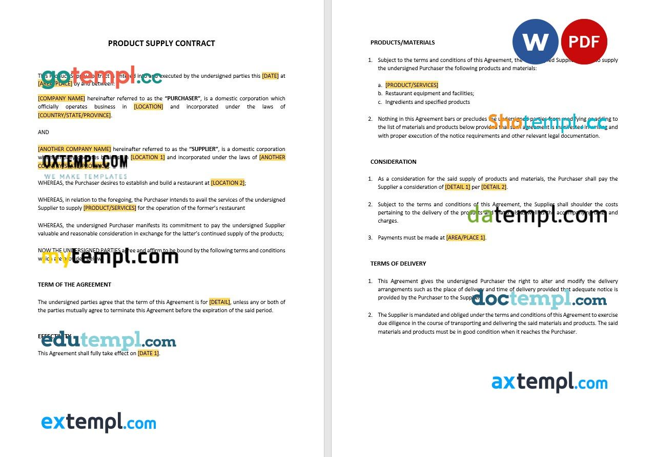 free download product supply contract example, Word and PDF format