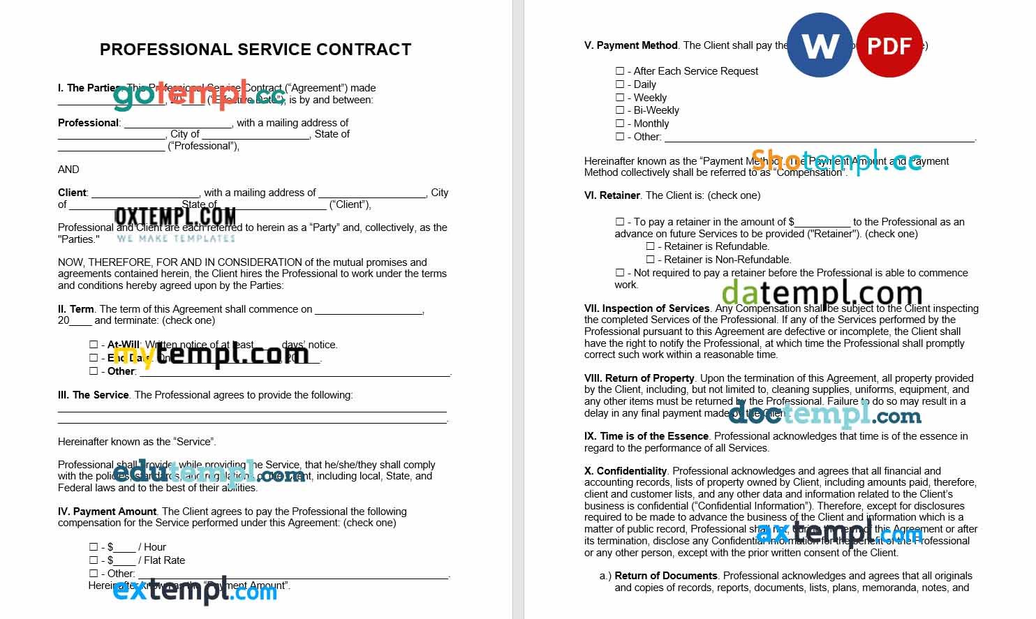 free download professional service contract example, Word and PDF format