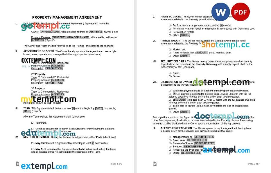free download property management agreement example, Word and PDF format