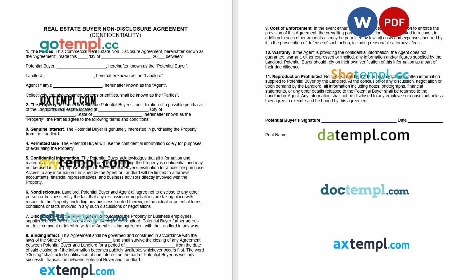 free download real estate buyer non-disclosure agreement NDA example, Word and PDF format