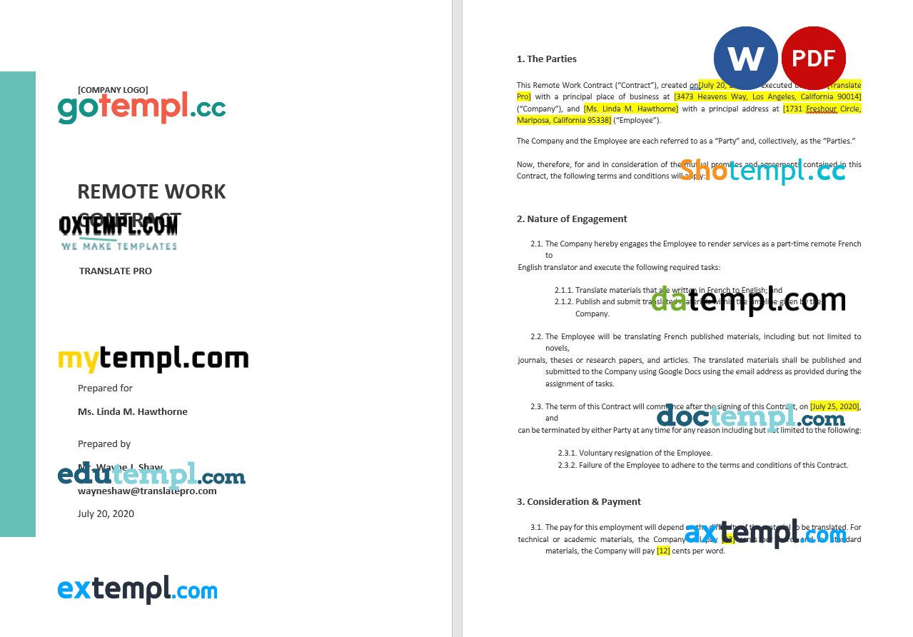 free download remote work contract example, Word and PDF format