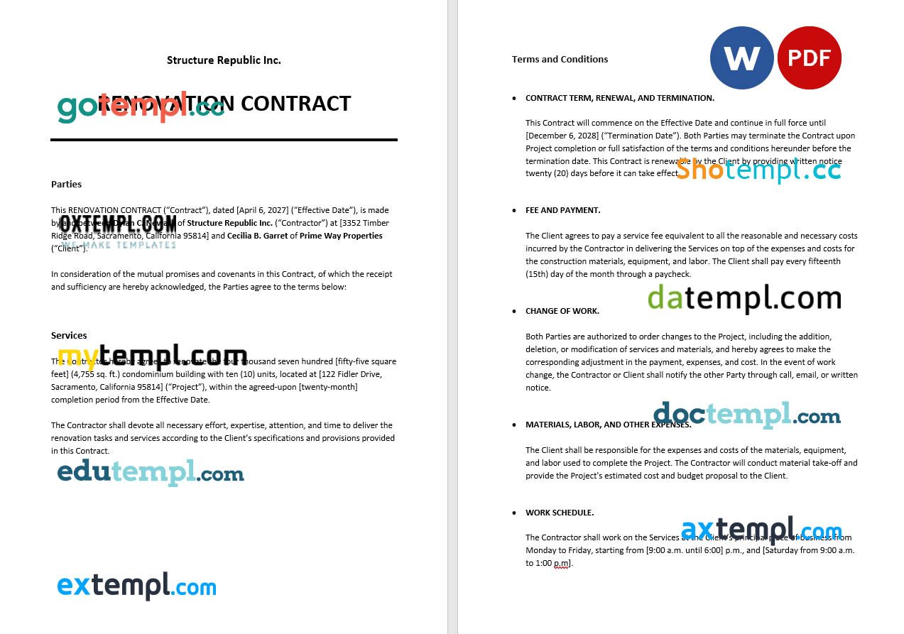 free download renovation contract example, Word and PDF format