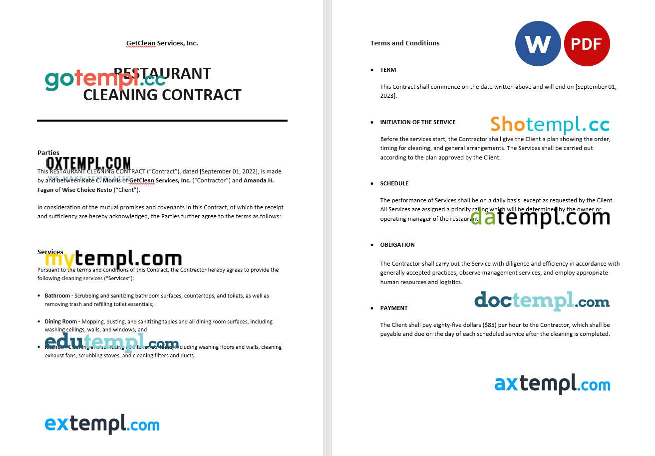 free download restaurant cleaning contract example, Word and PDF format