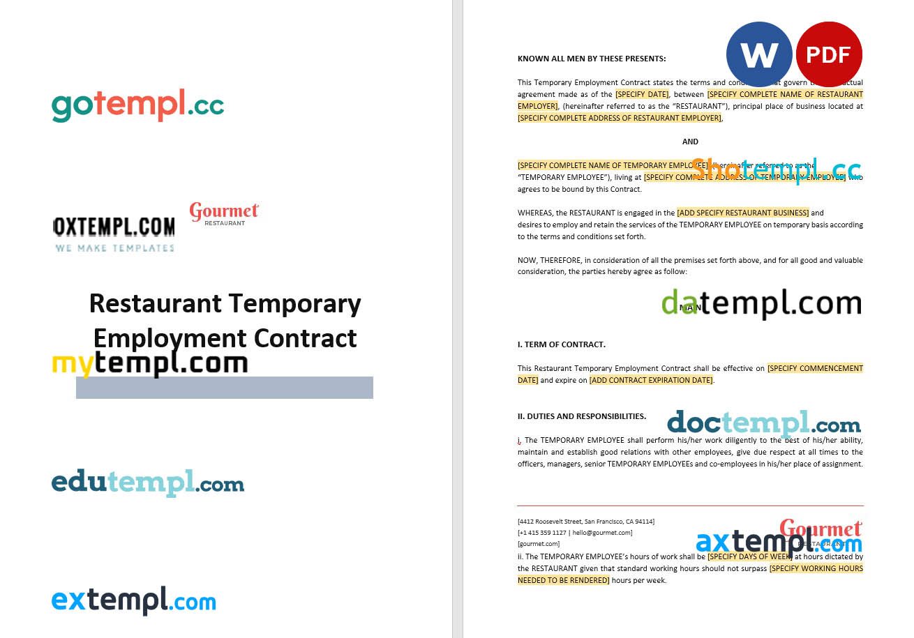free download restaurant temporary employment contract example, Word and PDF format
