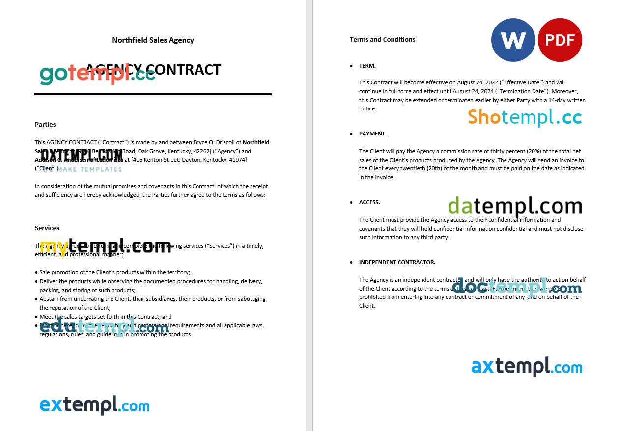 free download sample agency contract example, Word and PDF format