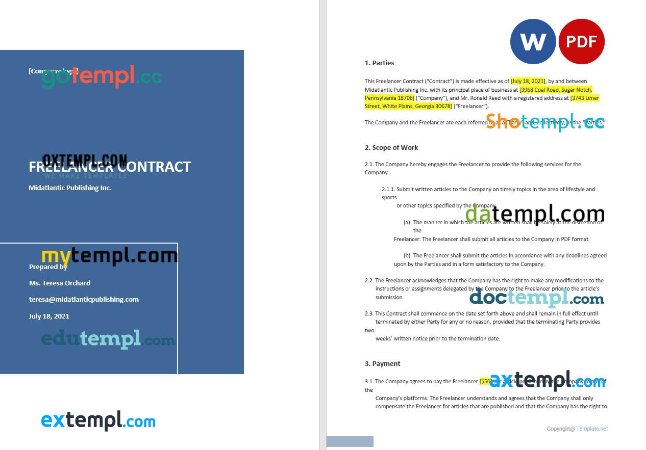 free download sample freelancer contract example, Word and PDF format