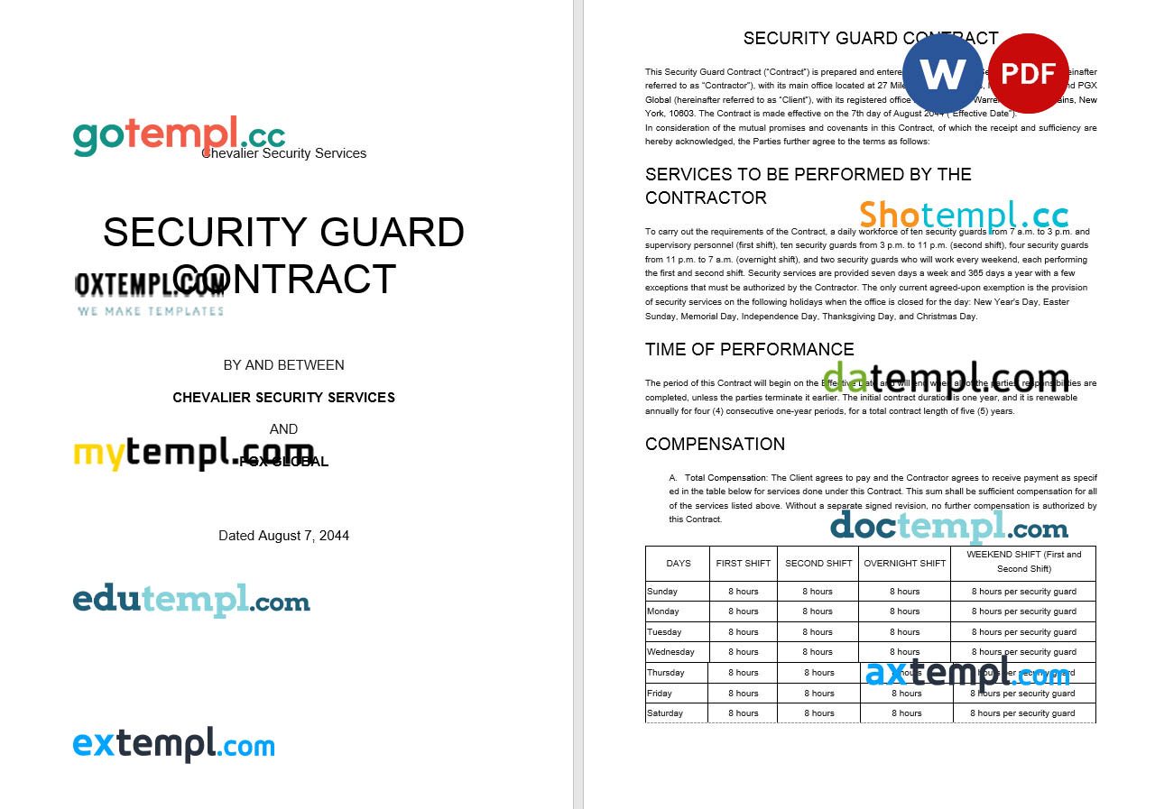 free download security guard contract example, Word and PDF format