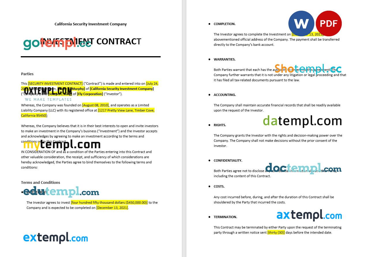 free download security investment contract example, Word and PDF format