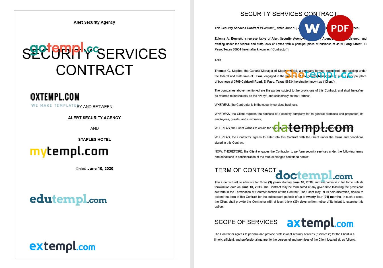 free download security services contract example, Word and PDF format