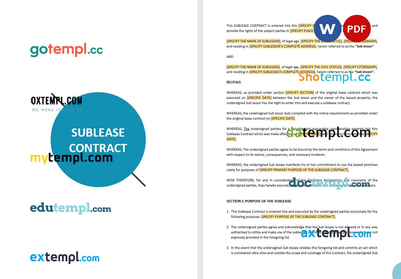 free download sublease contract example, Word and PDF format