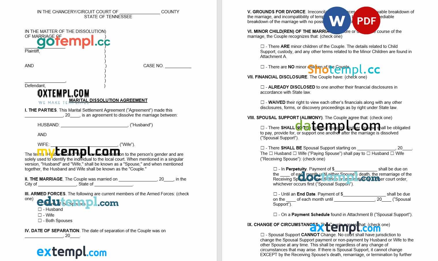 free download Tennessee marital settlement agreement example, Word and PDF format