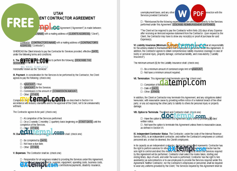 free download Utah independent contractor agreement example, Word and PDF format