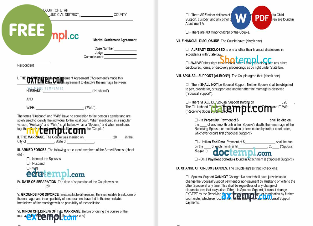 free download Utah marital settlement agreement example, Word and PDF format