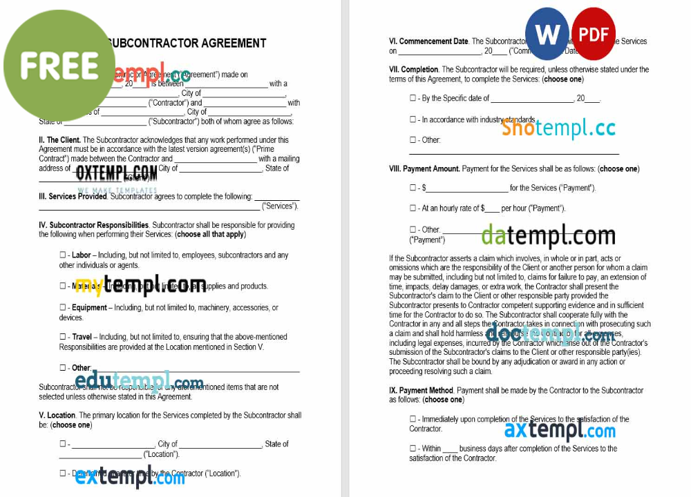 free download Utah subcontractor agreement example, Word and PDF format