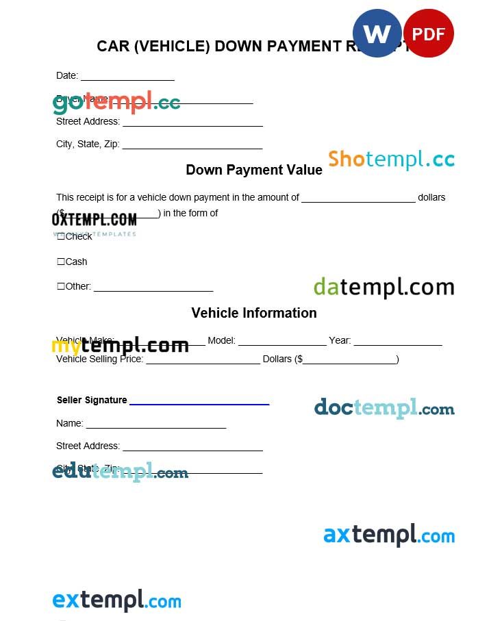 free download vehicle down payment receipt example, Word and PDF format