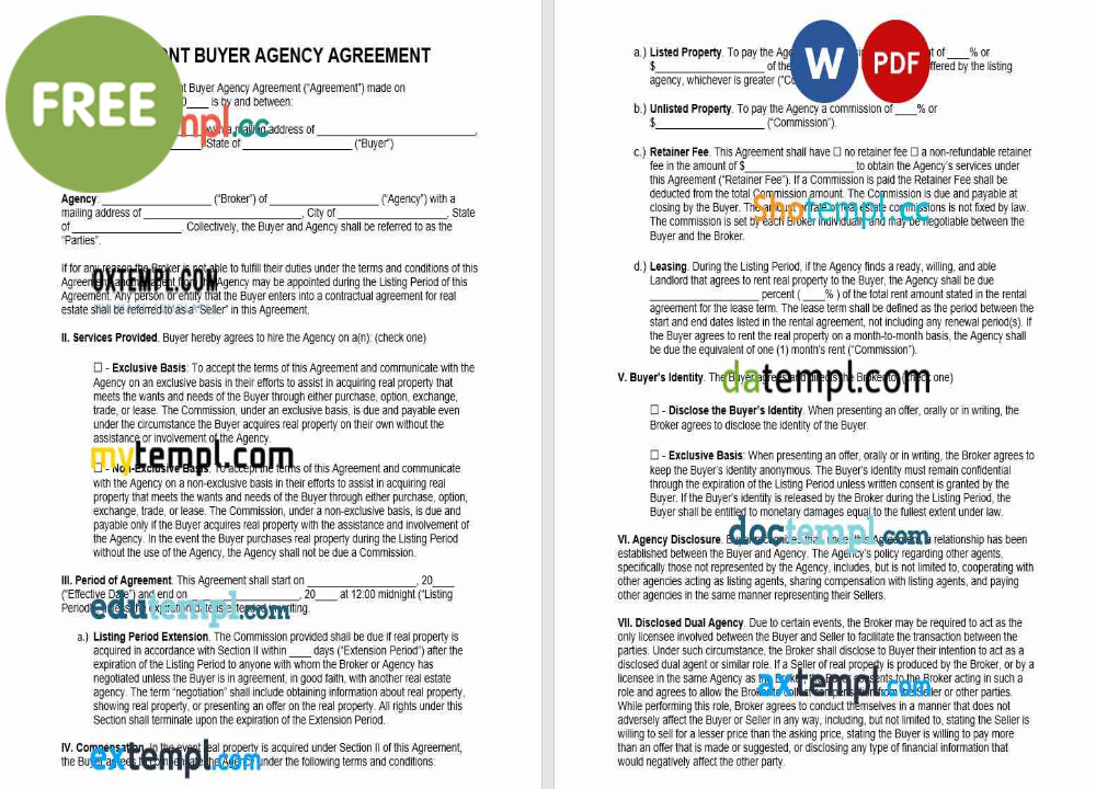 free download Vermont buyer agency agreement example, Word and PDF format
