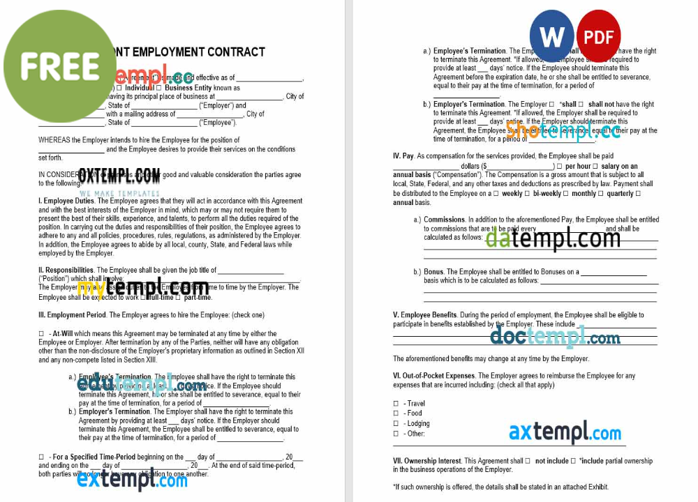 free download Vermont employment contract example, Word and PDF format