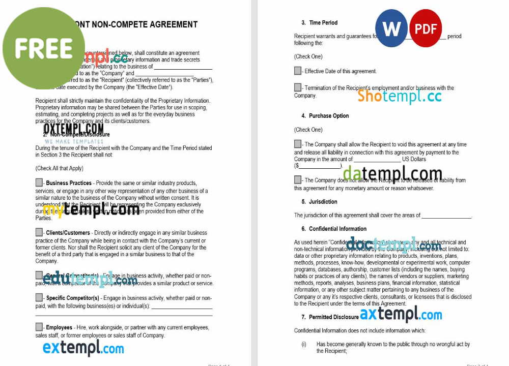 free download Vermont non-compete agreement example, Word and PDF format