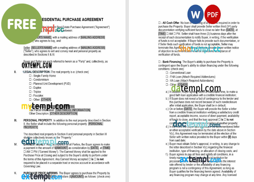 free download Vermont residential purchase agreement example, Word and PDF format