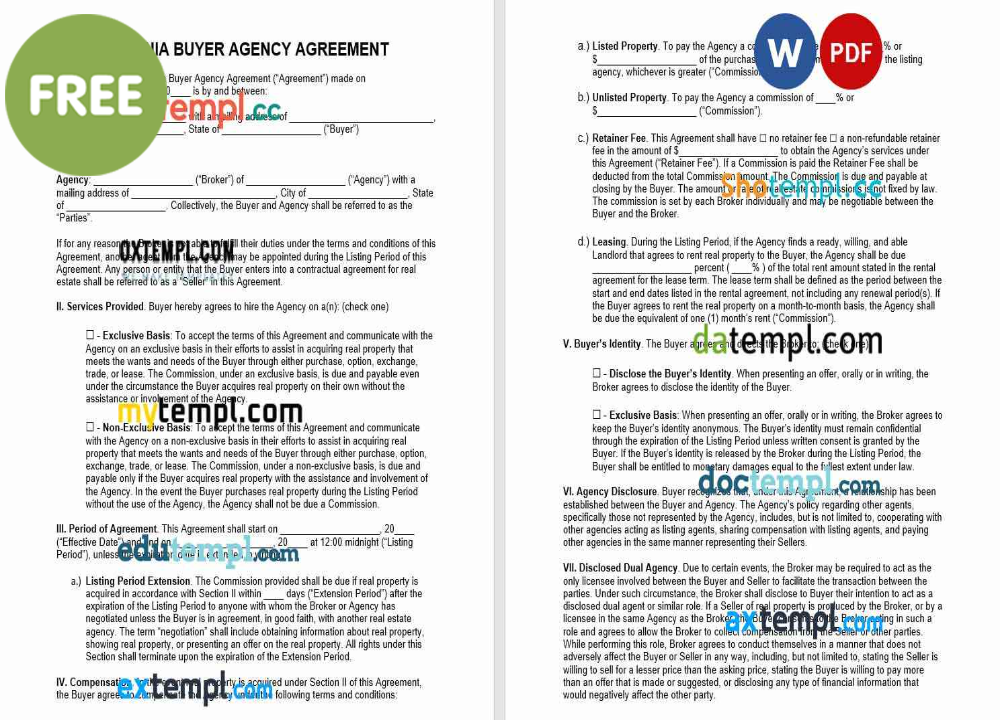 free download Virginia buyer agency agreement example, Word and PDF format