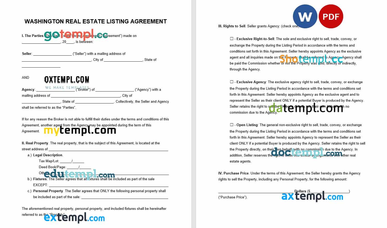 free download Washington real estate listing agreement example, Word and PDF format