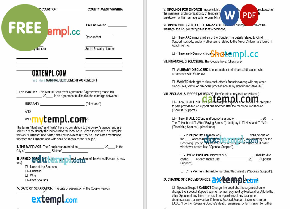free download West Virginia marital settlement agreement example, Word and PDF format