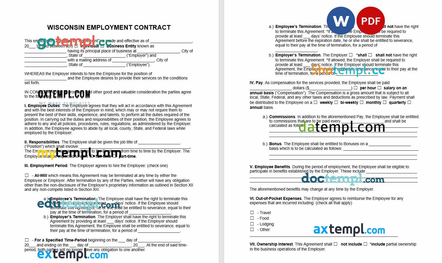 free download Wisconsin employment contract example, Word and PDF format