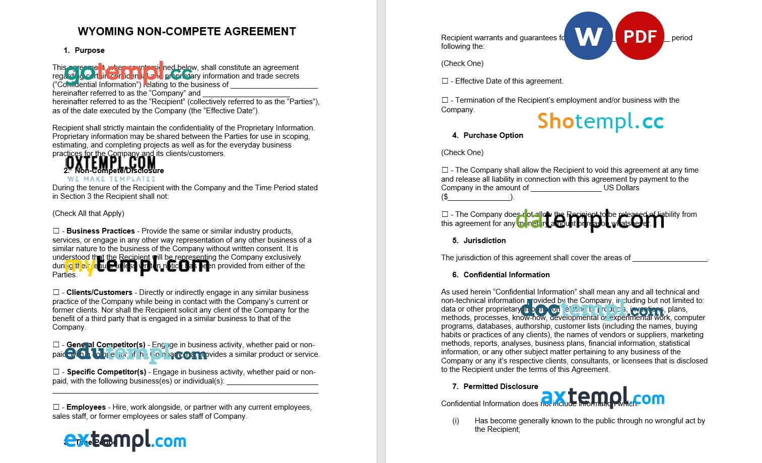 free download Wyoming non-compete agreement example, Word and PDF format