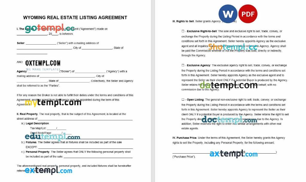 free download Wyoming real estate listing agreement example, Word and PDF format