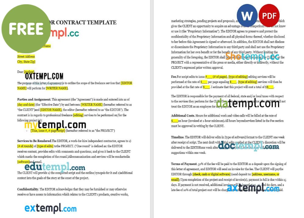 free download editor agreement example, Word and PDF format